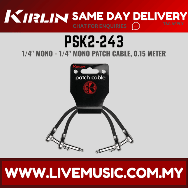 Kirlin PSK2-243 /BK 6 Inch Patch Cable Right Angle L Mono Plug For Electric Guitar Effect Pedal - 2 Pack(PSK2 243/PSK2243)