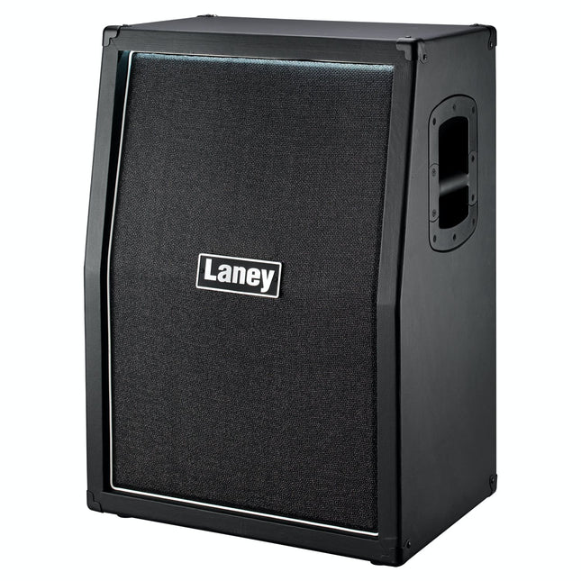 Black amplifier cabinet with textured grille, Laney badge, and side port cutout
