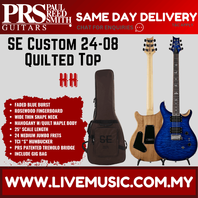PRS SE Custom 24-08 Quilted Top Limited Edition Electric Guitar, Faded Blue Burst