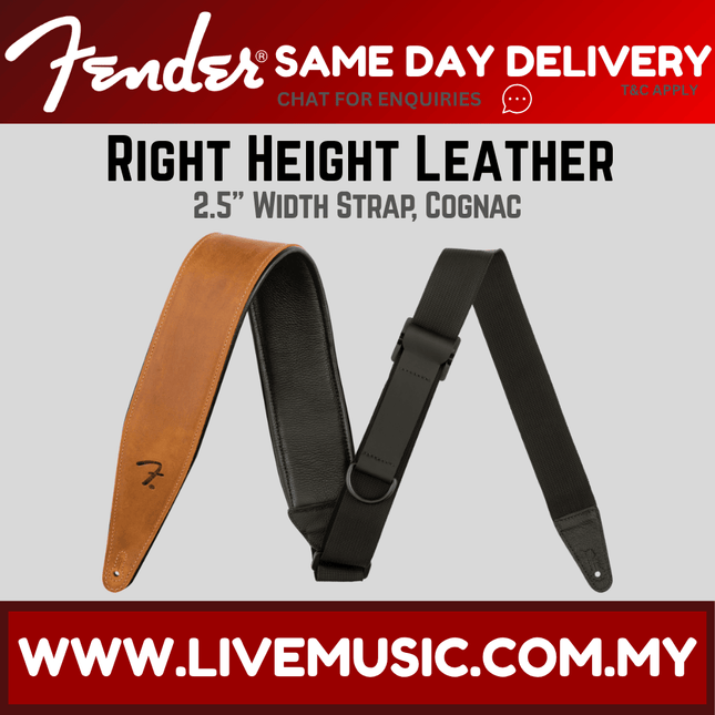 Right-height leather guitar strap in cognac, 2.5 in wide, with black adjuster