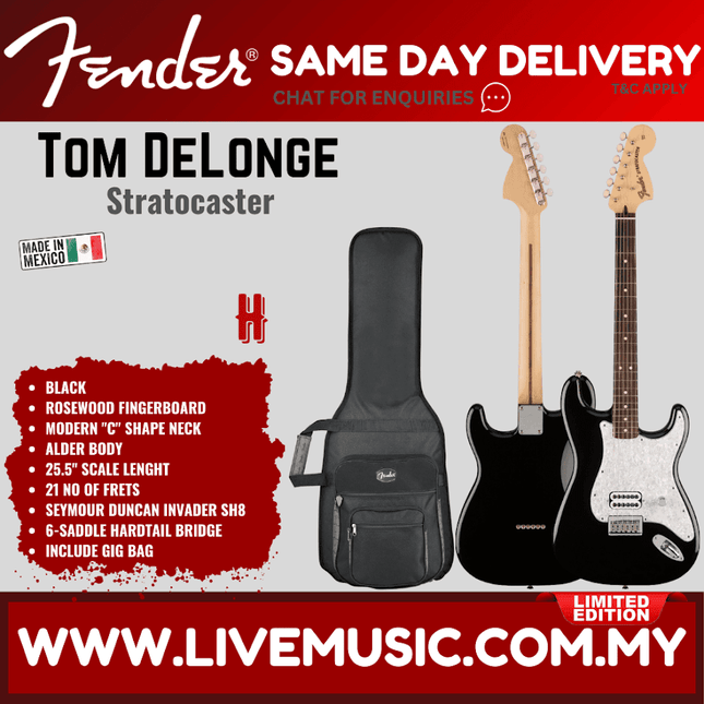 Fender Limited Edition Tom DeLonge Stratocaster Electric Guitar, RW FB - Black/Daphne Blue/Graffiti Yellow/Surf Green