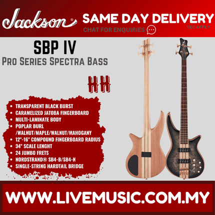 Jackson Pro Series Spectra SBP IV Bass Guitar, Caramelized Jatoba FB, Transparent Black Burst
