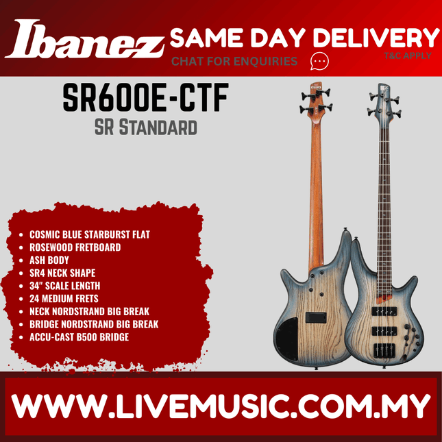 Ibanez Standard SR600E Bass Guitar - Cosmic Blue Starburst Flat / Antique Brown Stained Burst ( SR600E-AST SR600E-CTF )