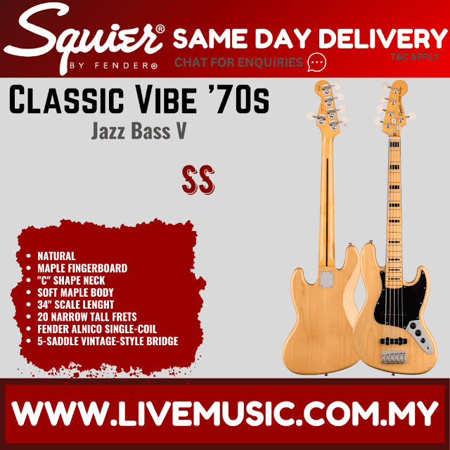 Squier Classic Vibe 70s Jazz 5-String Bass Guitar, Maple Fretboard - Natural / Black