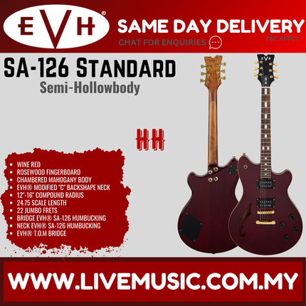 EVH SA-126 Standard Semi-Hollowbody Electric Guitar, RW FB, Wine Red (SA 126/SA126)