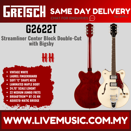 Gretsch G2622T Streamliner Center Block Double-Cut Electric Guitar, Vintage White