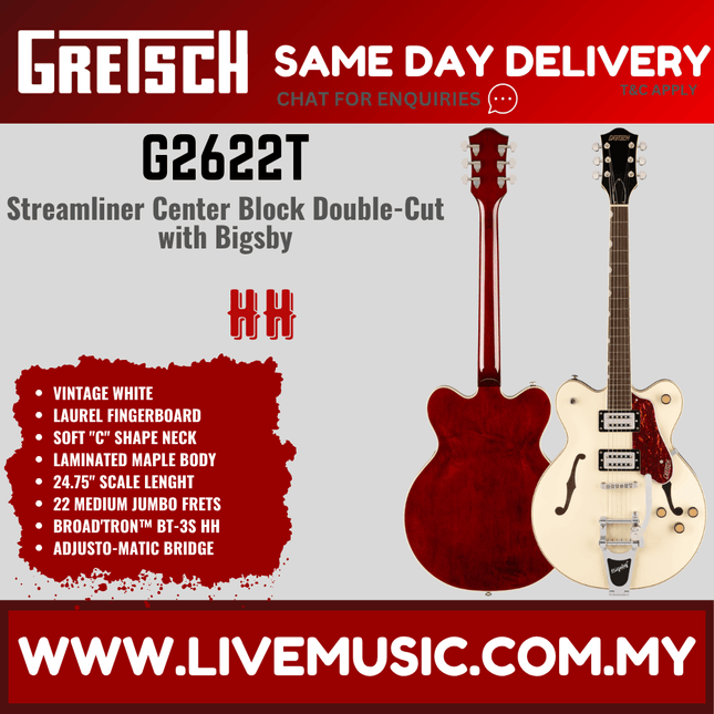 Gretsch G2622T Streamliner Center Block Double-Cut Electric Guitar, Vintage White