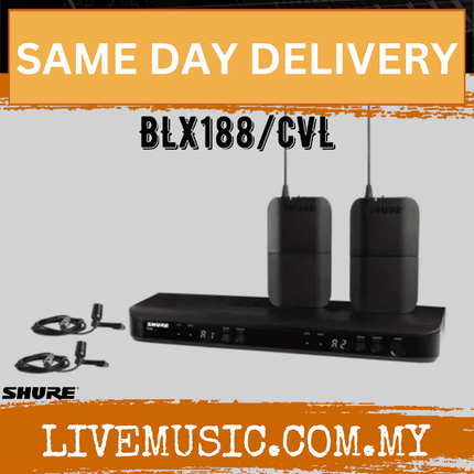 Shure BLX188/CVL Dual Channel Lavalier Wireless System, BLX88 Dual-Channel Wireless Receiver, BLX1 Bodypack Transmitter & CVL Lavalier Microphone ( BLX188-CVL )