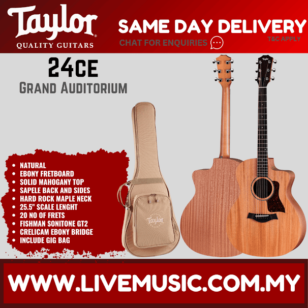 Natural Taylor 24CE acoustic-electric guitar with gig bag, front view