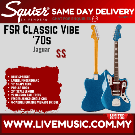 Squier FSR Classic Vibe 70s Jaguar Electric Guitar, Laurel FB, Blue Sparkle