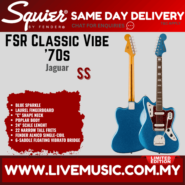 Squier FSR Classic Vibe 70s Jaguar Electric Guitar, Laurel FB, Blue Sparkle