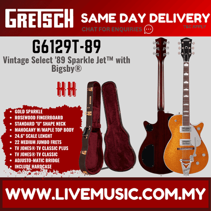 Gretsch G6129T-89VS Vintage Select 89 Sparkle Jet Electric Guitar, Gold Sparkle/Silver Sparkle