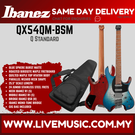 Ibanez Q Series QX54QM Headless Electric Guitar, Roasted Maple Fretboard - Blue Sphere Burst Matte (QX-54QM/QX54QM-BSM)