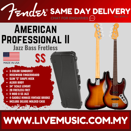 Fender American Professional II Fretless Jazz Bass Electric Guitar, Rosewood Fretboard - 3 Tone Sunburst