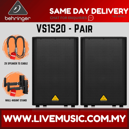 Behringer VS1520 600-Watt 15inch Passive Speaker w/Speaker Stand  With Speaker Stand and Cable - Pair (VS-1520)