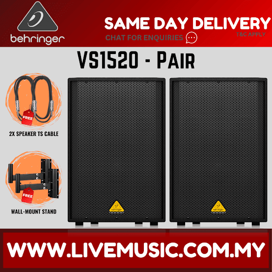 Behringer VS1520 600-Watt 15inch Passive Speaker w/Speaker Stand  With Speaker Stand and Cable - Pair (VS-1520)
