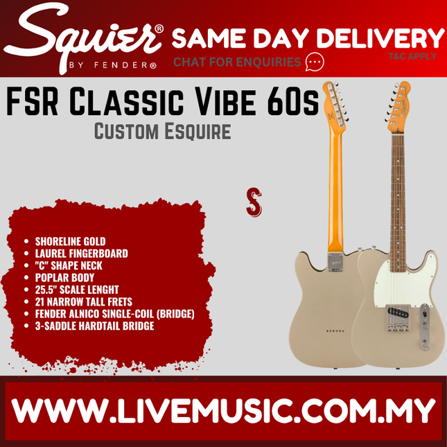 Squier FSR Classic Vibe 60s Custom Esquire Electric Guitar, Laurel FB, Shoreline Gold