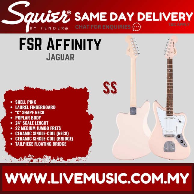 Squier FSR Affinity Series Jaguar Electric Guitar, Laurel FB, Shell Pink