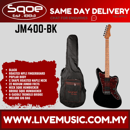Sqoe JM400-BK Electric Guitar With Gig Bag Roasted Maple FB, Black ( JM400BK / JM400-BK )