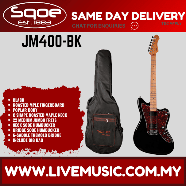 Sqoe JM400-BK Electric Guitar With Gig Bag Roasted Maple FB, Black ( JM400BK / JM400-BK )