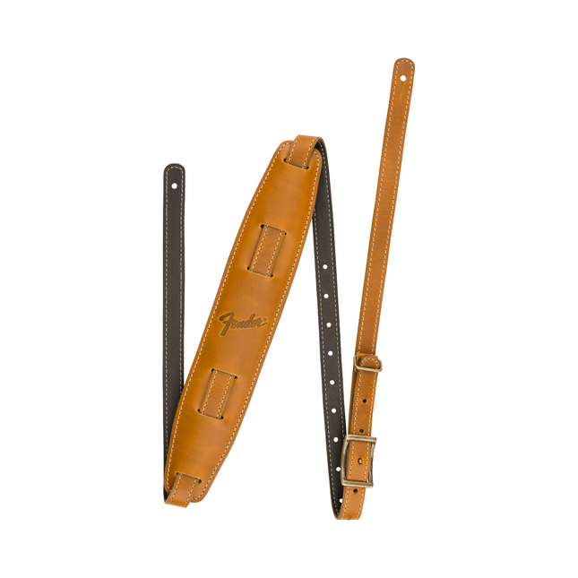 Butterscotch Mustang leather guitar strap with metal buckle and stud holes