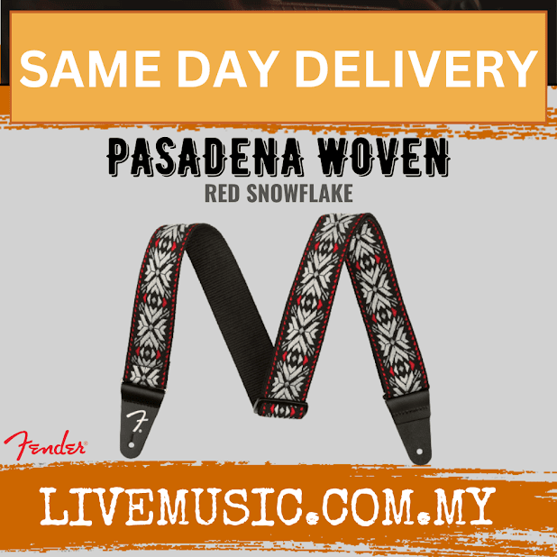 Fender Pasadena woven guitar strap with red snowflake pattern and black ends