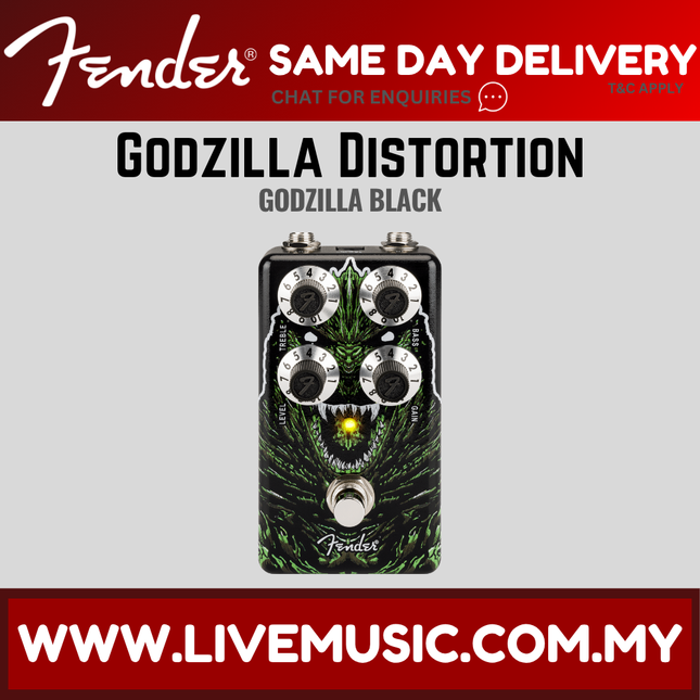 Godzilla distortion guitar effect pedal, black enclosure with four white control knobs