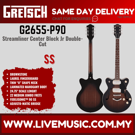 Gretsch G2655-P90 Streamliner Center Block Jr Electric Guitar, Laurel FB, Brownstone