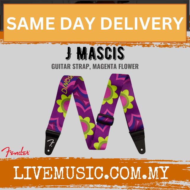 Magenta flower guitar strap with J Mascis print, adjustable black ends
