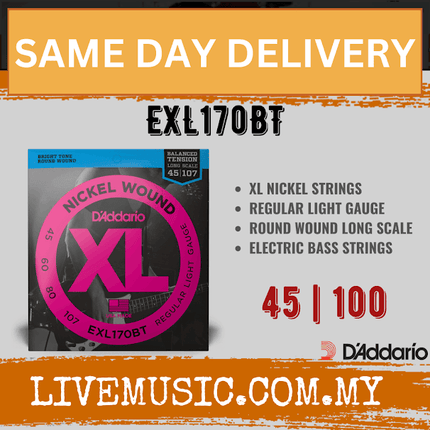 D'addario EXL170BT Nickel Wound Electric Bass Strings, Balanced Tension Regular Light, Long Scale, 45-107 Gauge