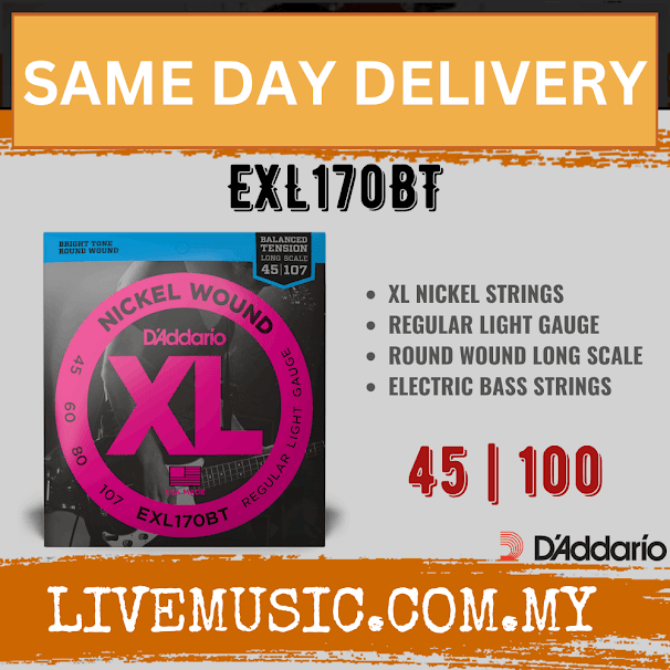 D'addario EXL170BT Nickel Wound Electric Bass Strings, Balanced Tension Regular Light, Long Scale, 45-107 Gauge