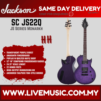 Jackson JS Series Monarkh SC JS22Q Electric Guitar, Amaranth FB, Transparent Purple Burst