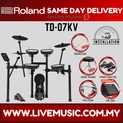 Roland TD-07KV Electronic Digital Drum Set with RH-5 Headphones, T1D Drum Throne, Double Kick Pedal, Drumstick ( TD07KV / RH5 / 07KV )
