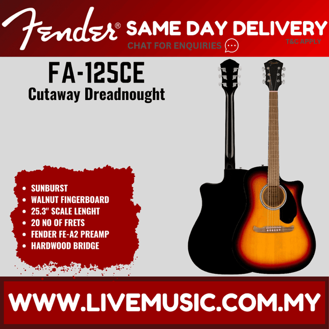 Sunburst dreadnought acoustic guitar with black pickguard and walnut fingerboard