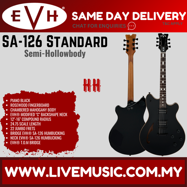 EVH SA-126 Standard Semi-Hollowbody Electric Guitar, RW FB, Piano Black (SA 126/SA126)