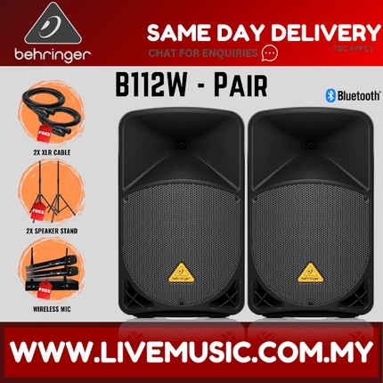 Behringer Eurolive B112W 1000W 12" Powered Speaker w/Wireless Mic,Speaker Stand & Cable - Each / Pair (B-112W B 112W)