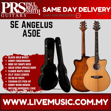 Acoustic-electric guitar with black gold burst finish and included hard shell case