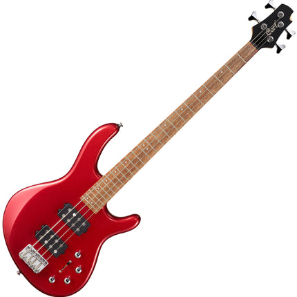 Red 4-string electric bass guitar with brown fretboard