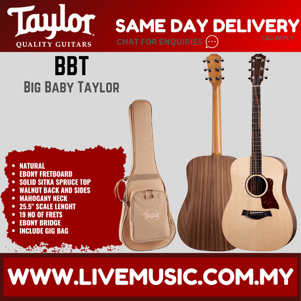 Big Baby Taylor acoustic guitar with spruce top and natural gig bag (BBT)