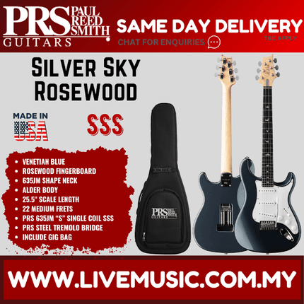 PRS Silver Sky Electric Guitar, RW FB, Venetian Blue