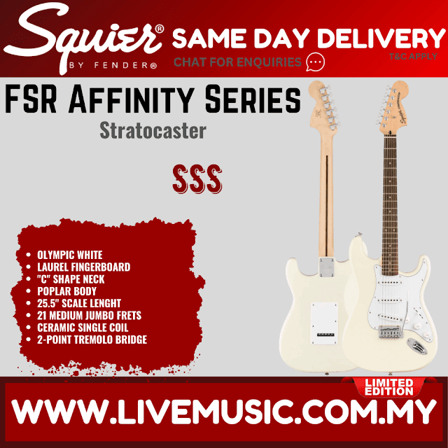 Squier FSR Affinity Series SSS Stratocaster Electric Guitar, Laurel FB, Olympic White