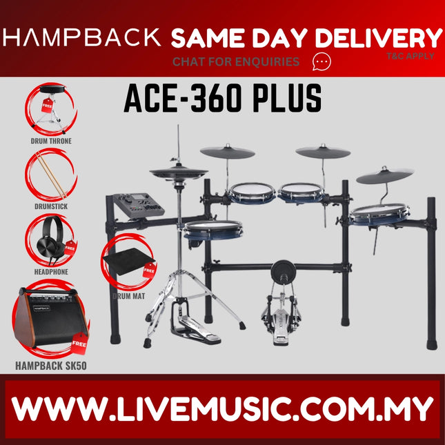 Hampback ACE-360 PLUS Full Mesh Digital Drum Set w/Headphone, Drumstick And Drum Throne - ( ACE360 ACE 360 ACE360PLUS )