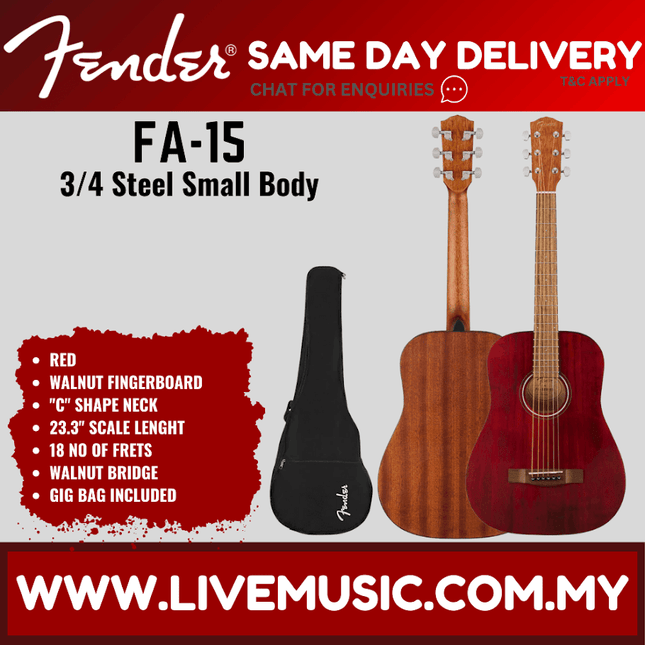 3/4 size red steel-string acoustic guitar with black gig bag