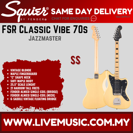 Squier FSR Classic Vibe 70s Jazzmaster Electric Guitar, Maple FB, Vintage Blonde
