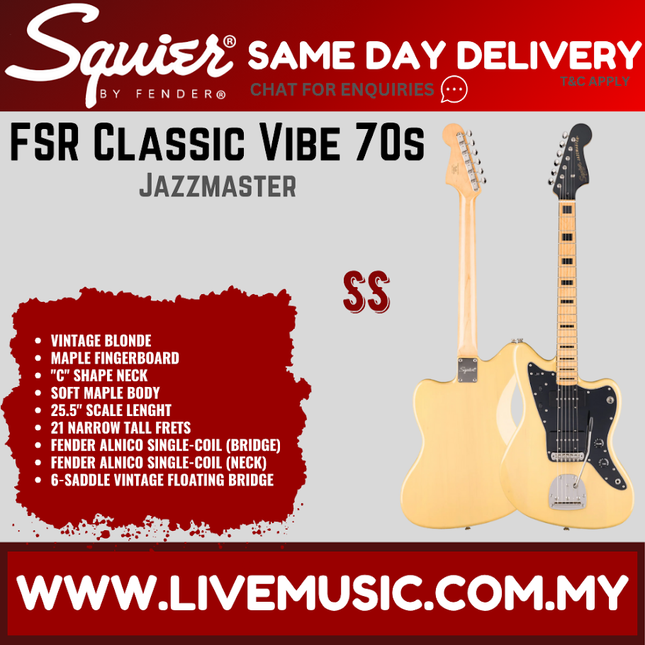 Squier FSR Classic Vibe 70s Jazzmaster Electric Guitar, Maple FB, Vintage Blonde