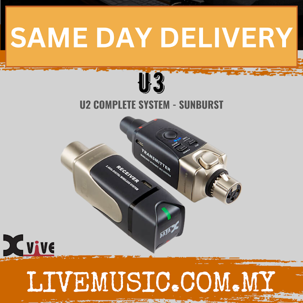 Xvive U3 wireless mic transmitter and receiver, black and gold units with display