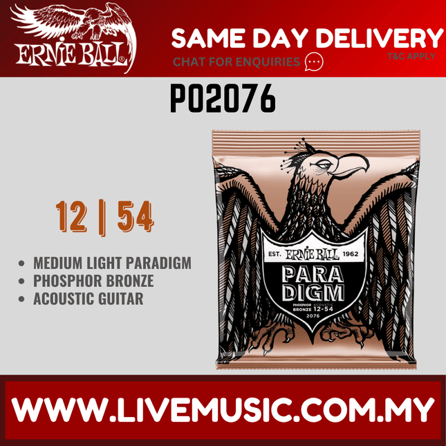Ernie Ball 2076 Paradigm Phosphor Bronze Acoustic Guitar Strings, Medium Light, 12-54 Gauge
