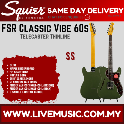 Squier FSR Classic Vibe 60s Telecaster Thinline Electric Guitar, Laurel FB, Olive
