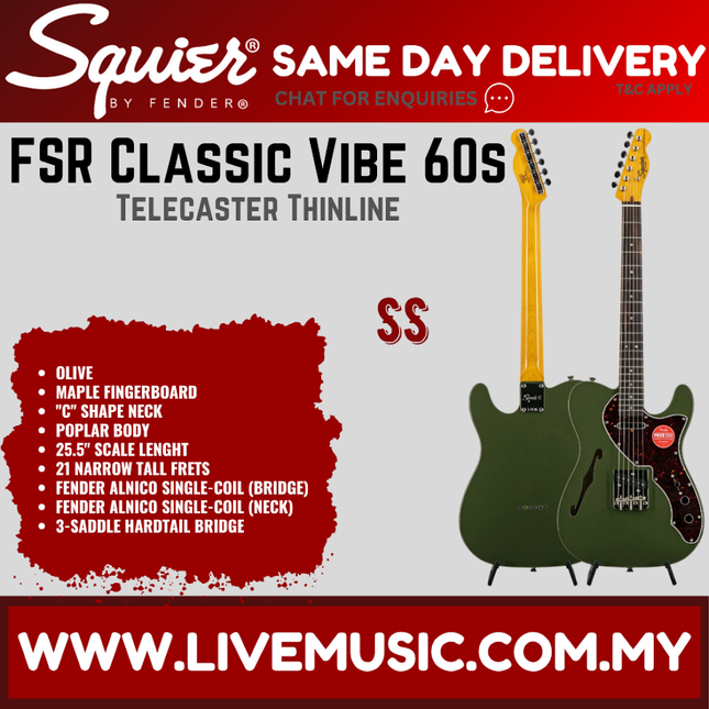 Squier FSR Classic Vibe 60s Telecaster Thinline Electric Guitar, Laurel FB, Olive
