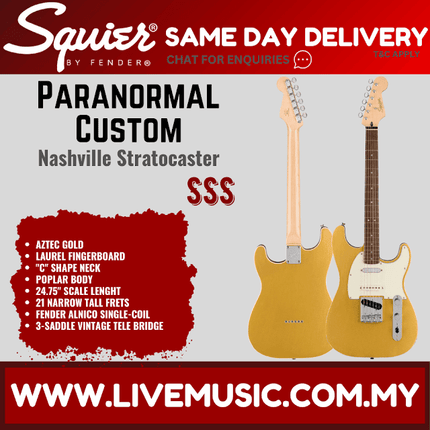Squier Paranormal Custom Nashville Stratocaster Electric Guitar, Laurel FB, Aztec Gold